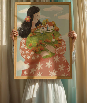 Femme fantaisiste tenant un paysage miniature avec famille et maisons
