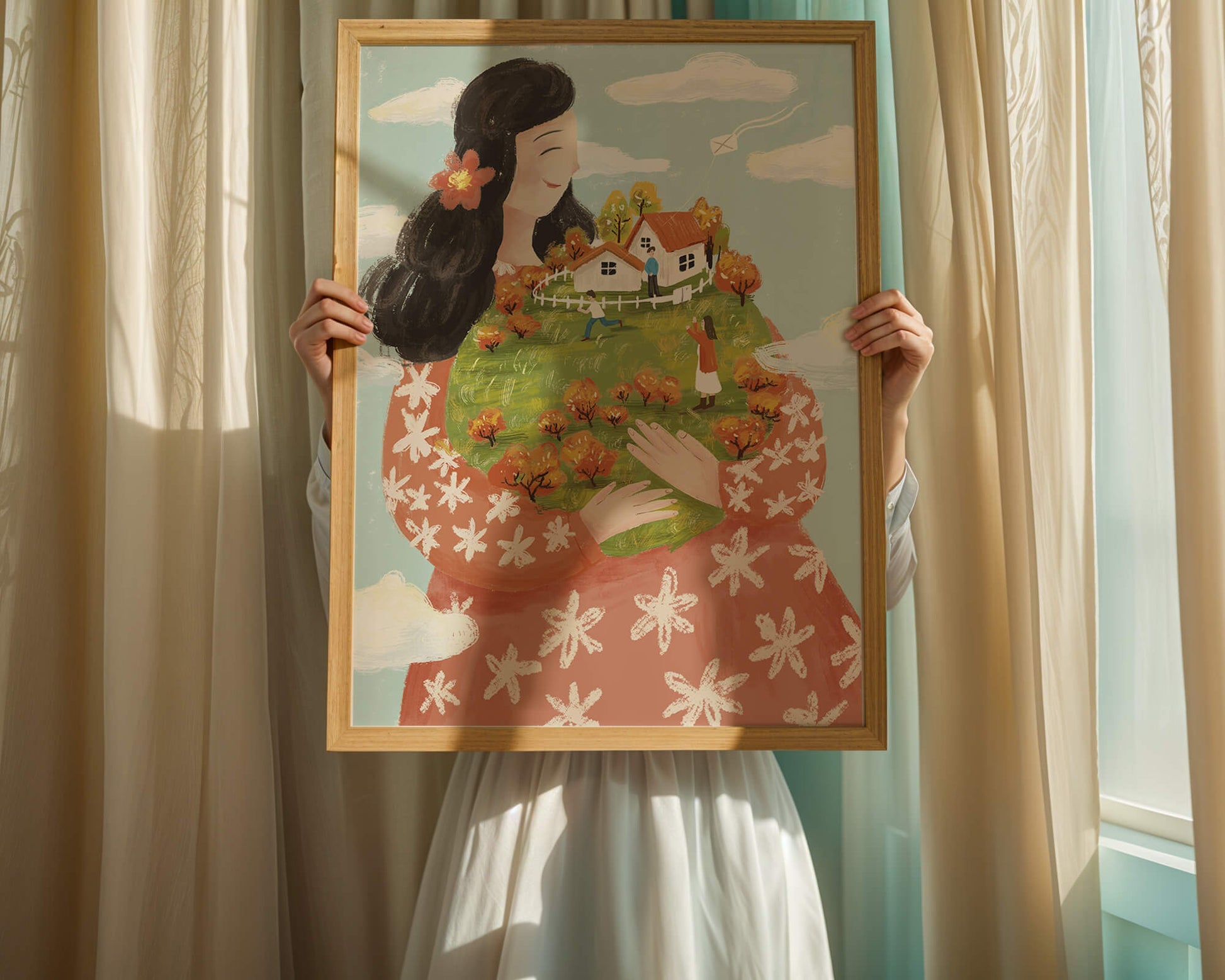 Whimsical Woman Holding Miniature Landscape with Family and Houses