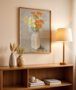 Vibrant daisies in a white vase illustration