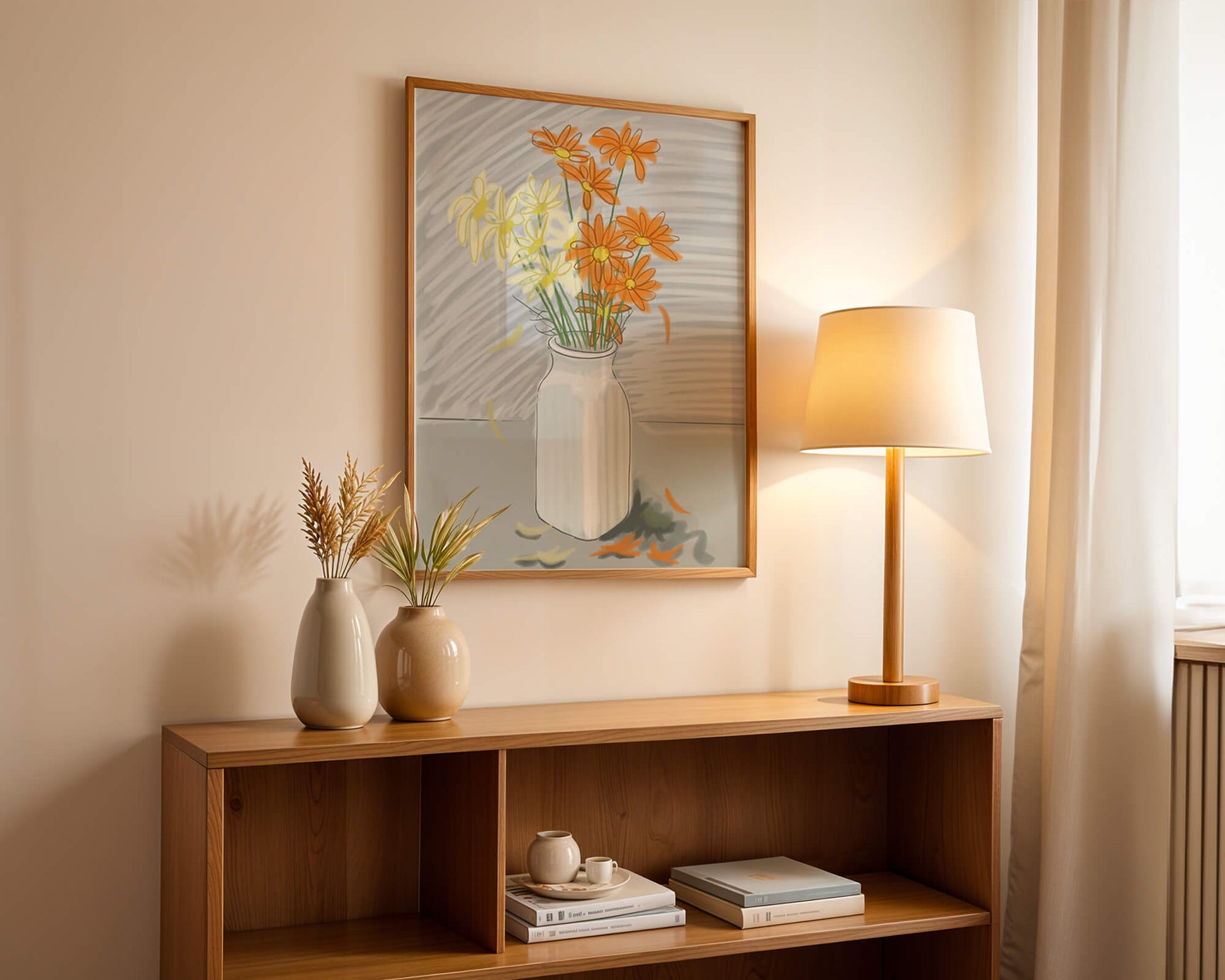 Vibrant daisies in a white vase illustration