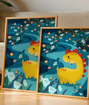 Golden Dinosaur in Enchanted Floral Forest