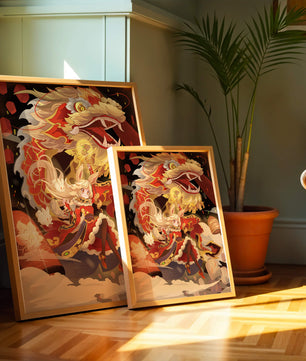 Personnage dynamique avec dragon et lanternes dans une œuvre d'art animée et vibrante