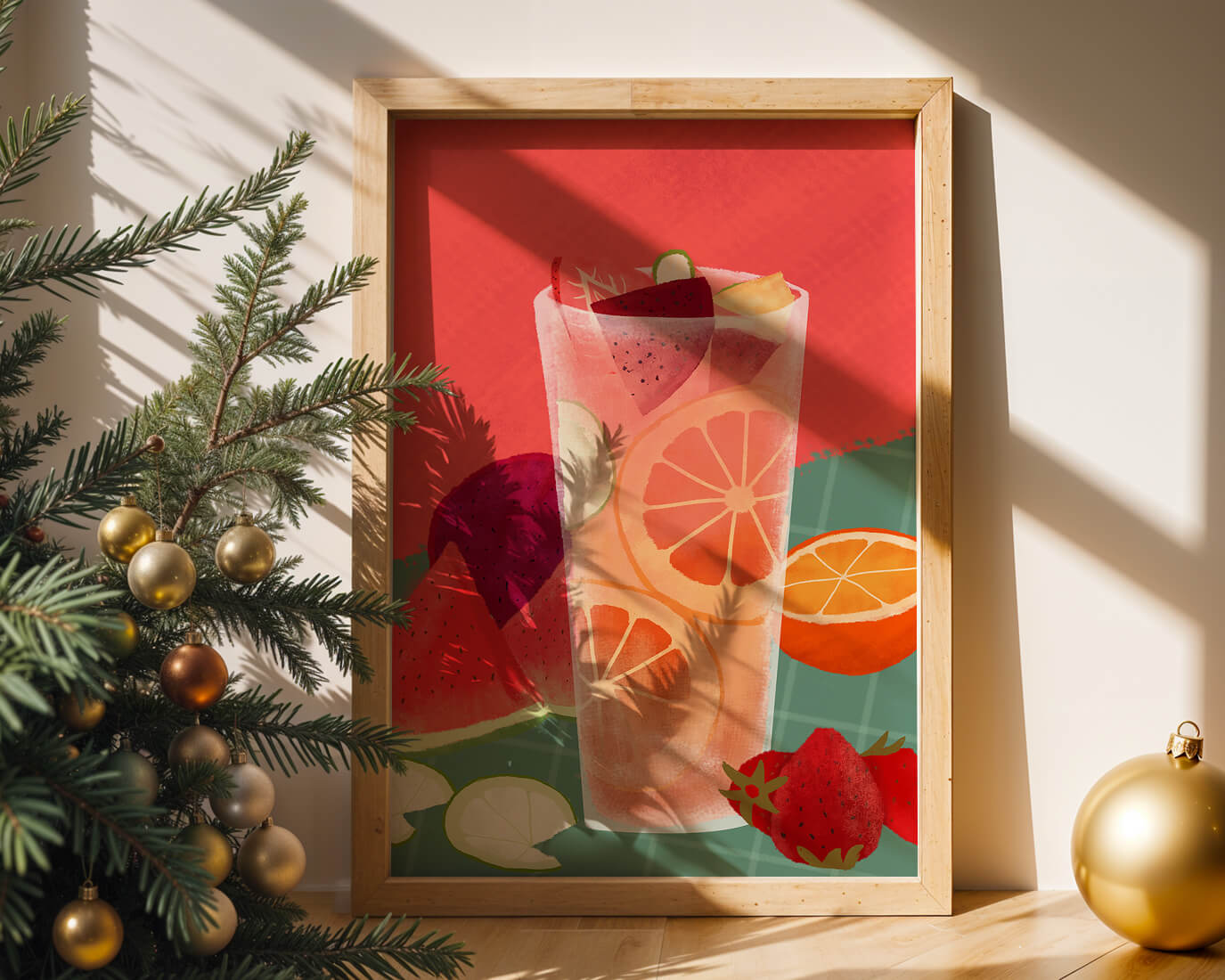 Ilustración de cóctel de frutas refrescante con cítricos y sandía.
