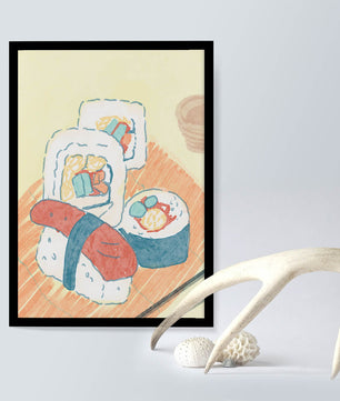 Illustration of assorted sushi on a wooden board