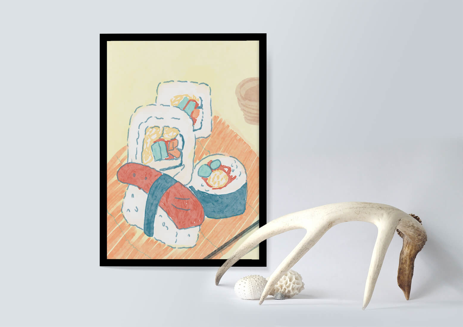 Illustration of assorted sushi on a wooden board