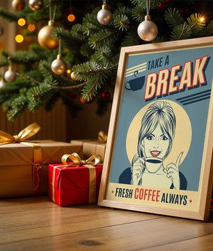 Retro Coffee Break Poster with Woman Holding a Cup - Mi tienda