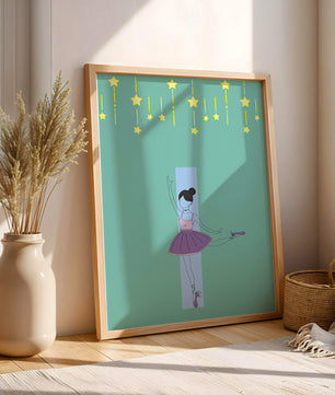 Elegant ballerina illustration with stars on a teal background