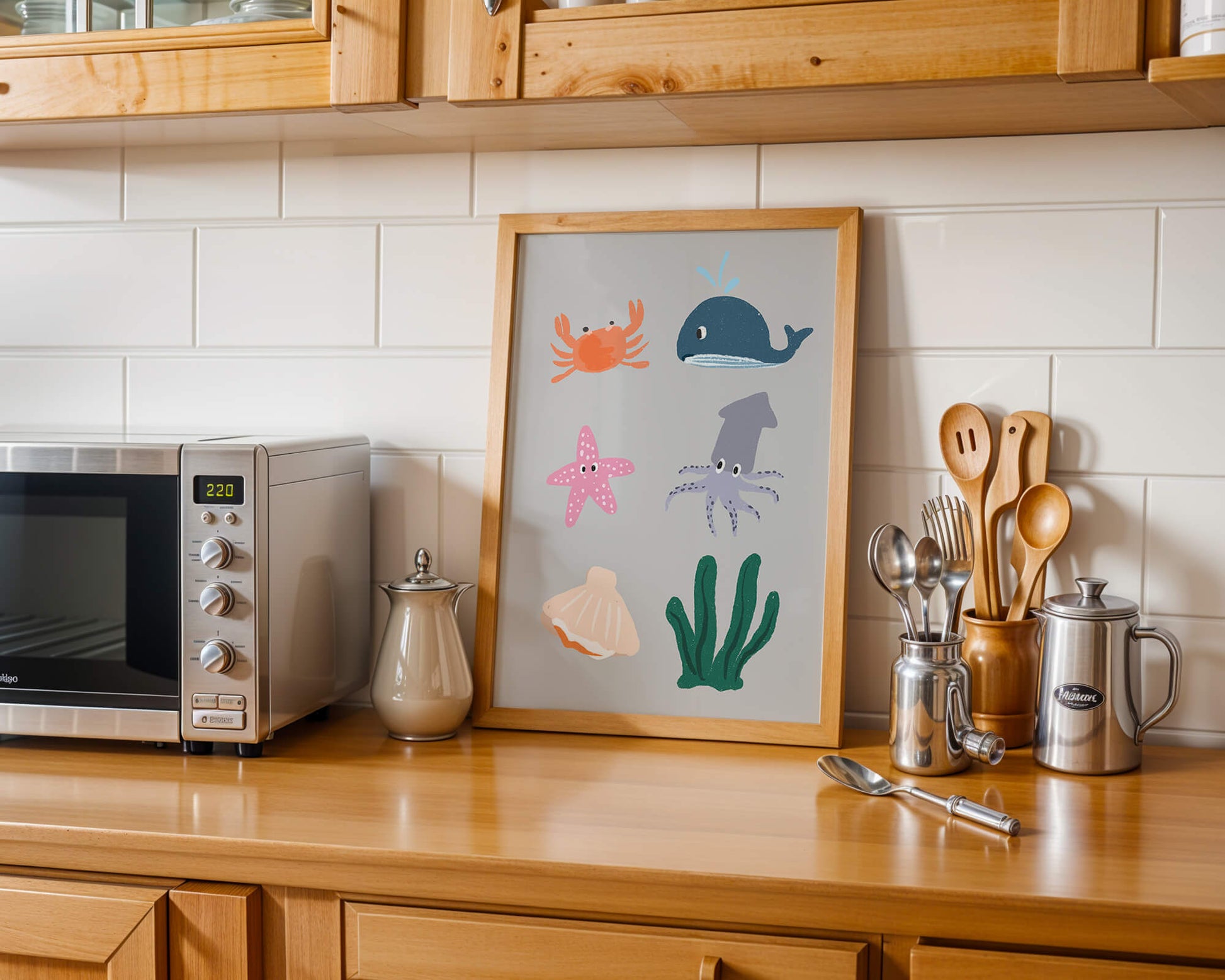 Illustration of whimsical sea creatures and marine elements on a grey background