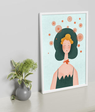 Whimsical Portrait of a Woman with Green Hair and Abstract Circles - Mi tienda
