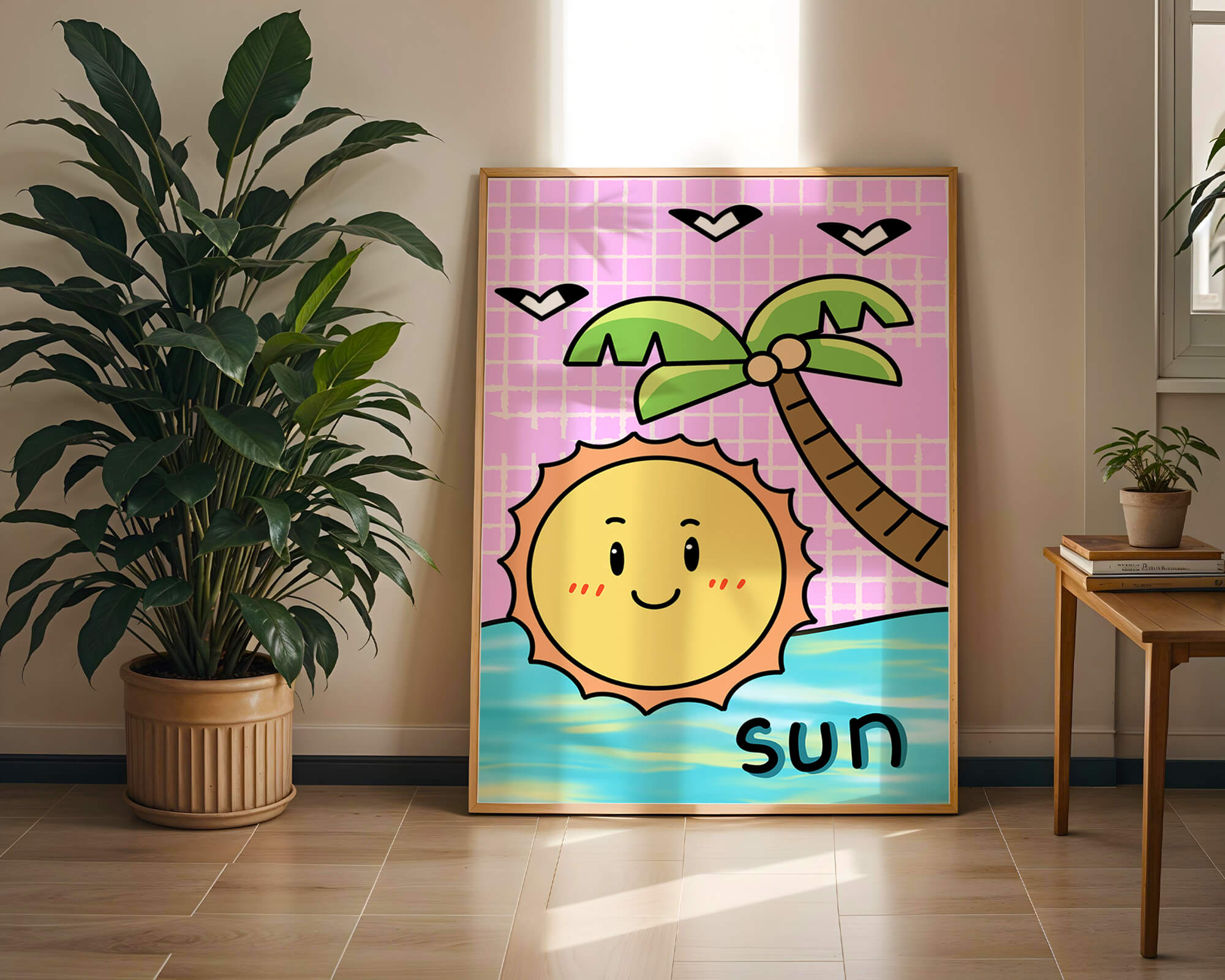 Cartoon sun with palm tree and ocean scene