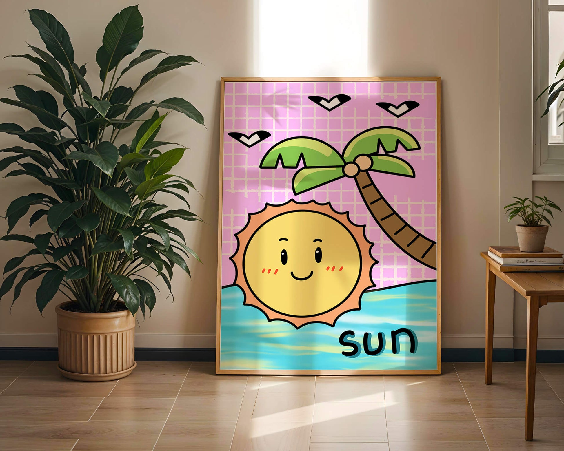 Cartoon sun with palm tree and ocean scene