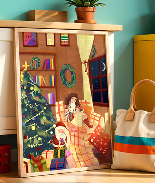 Cozy Christmas scene with tree, gifts, and a child by the window