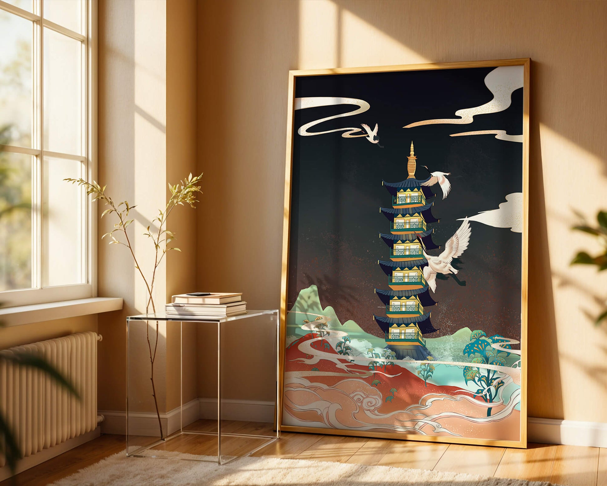 Illustrated scene of traditional pagoda with cranes in colorful landscape