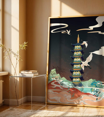 Illustrated scene of traditional pagoda with cranes in colorful landscape