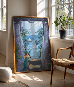 Peaceful Seaside View Through Open Window with Girl and Cat