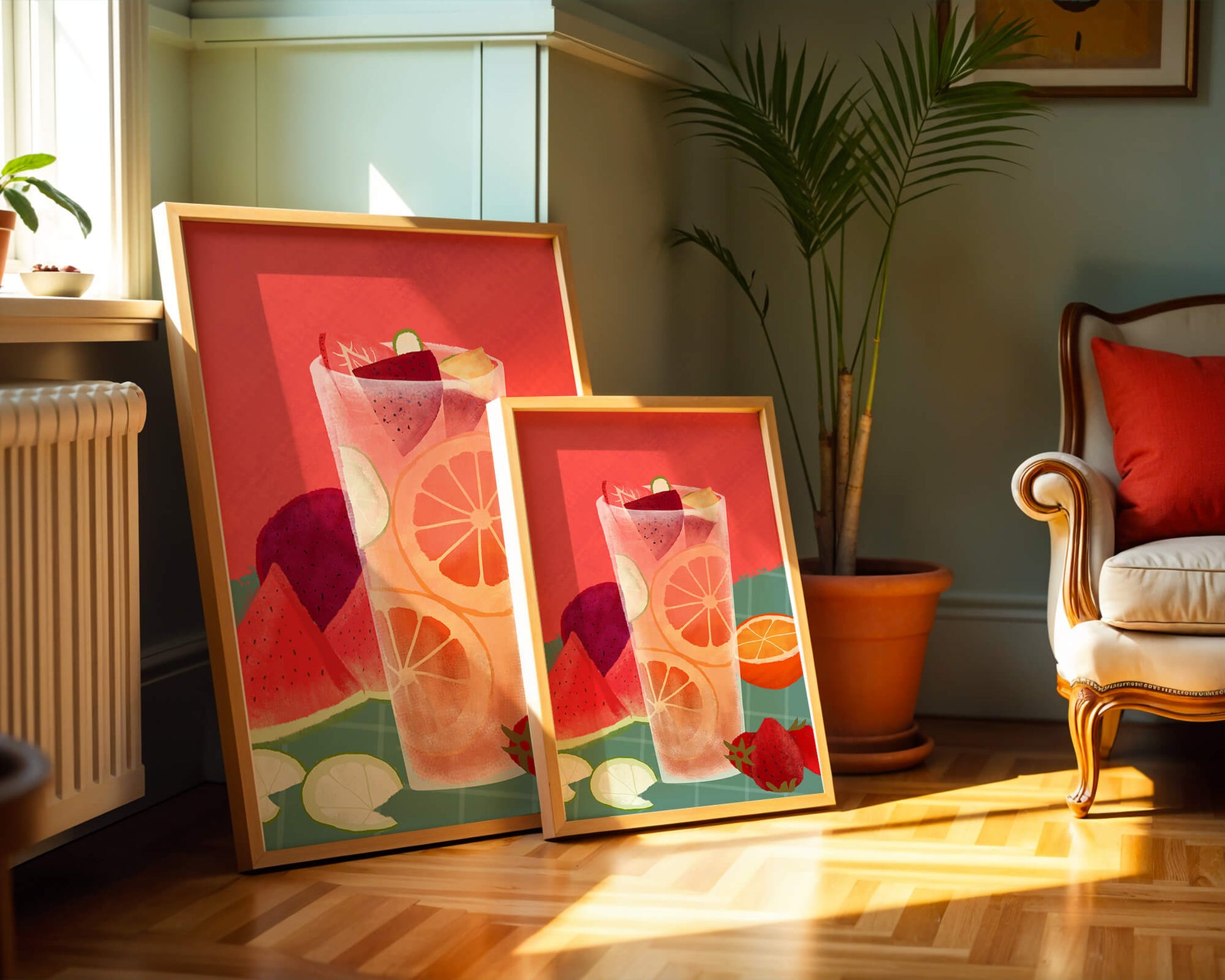 Ilustración de cóctel de frutas refrescante con cítricos y sandía.