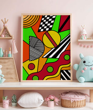 Vibrant geometric abstract artwork with bold colors and shapes