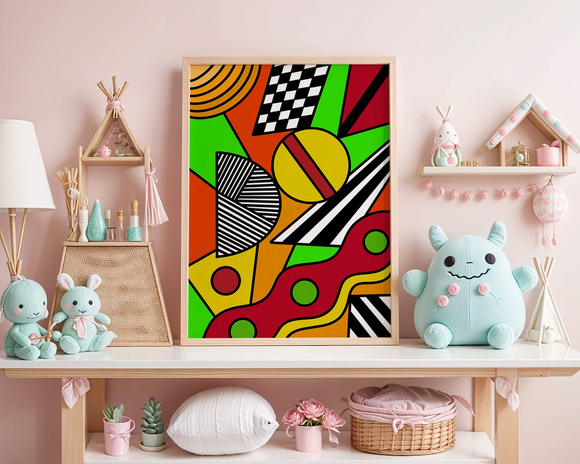 Vibrant geometric abstract artwork with bold colors and shapes