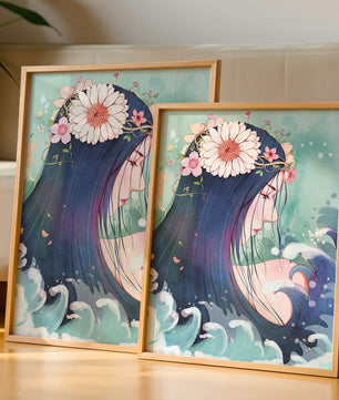Illustration of a serene woman with floral crown and ocean waves