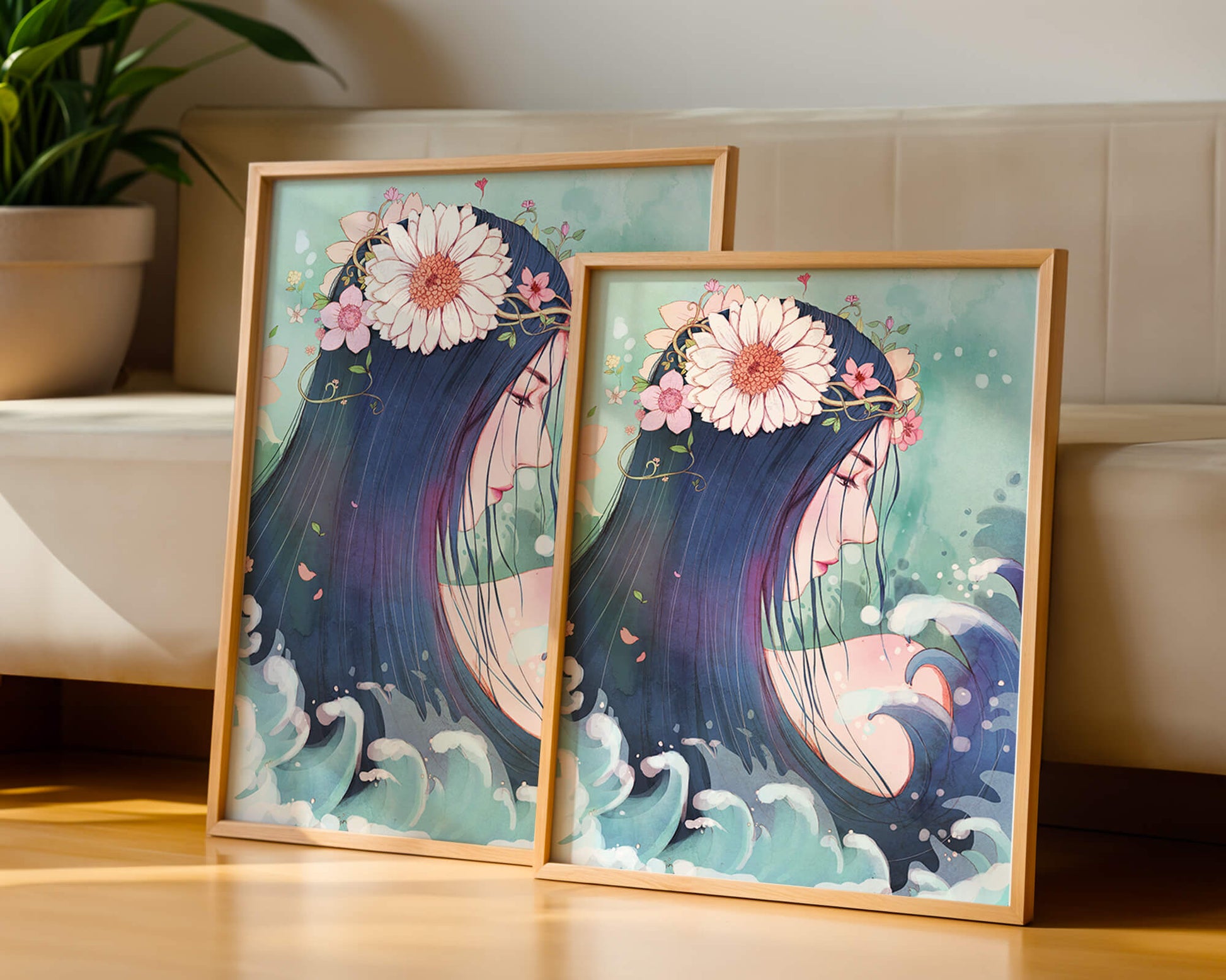 Illustration of a serene woman with floral crown and ocean waves