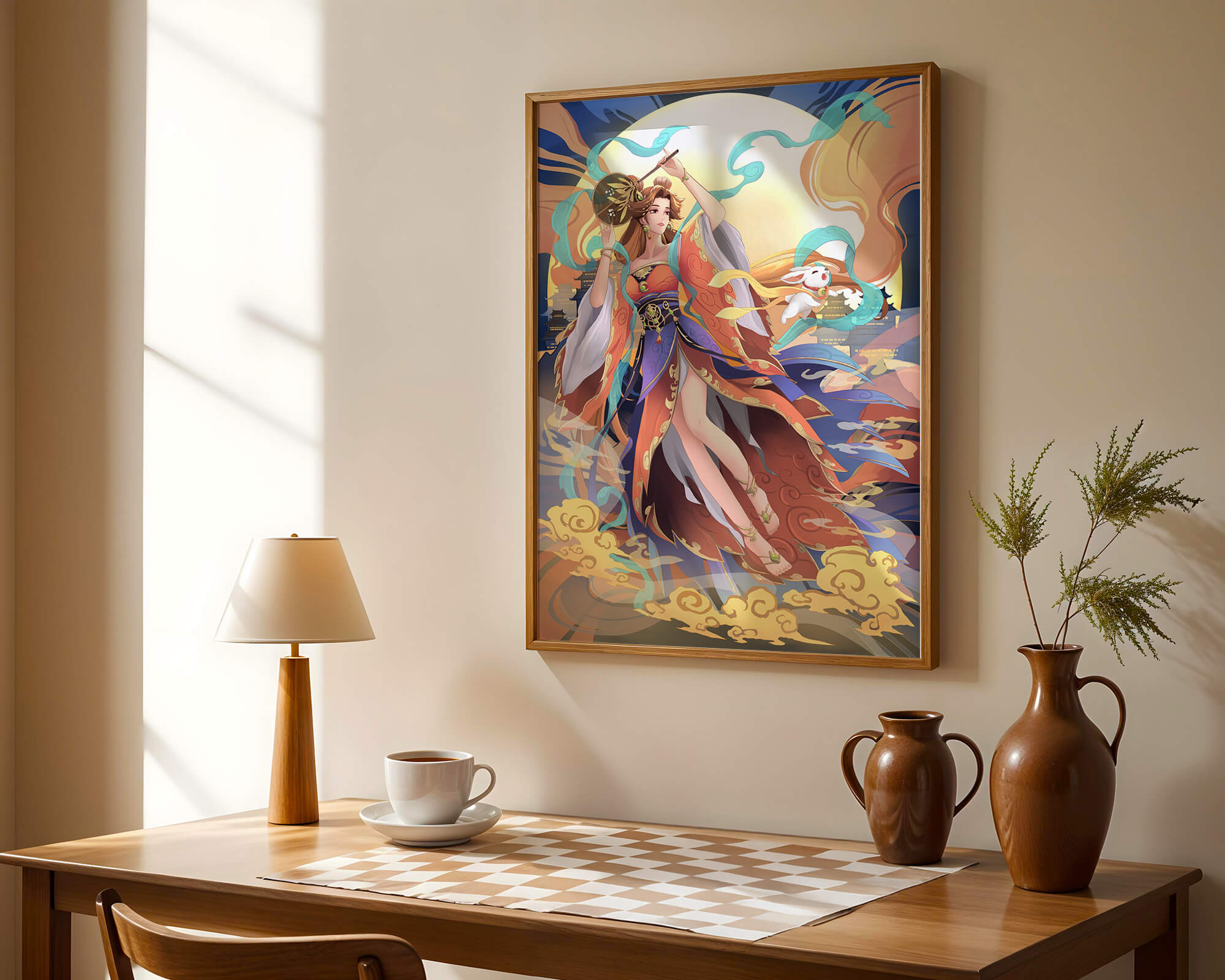Elegant goddess with flowing robes against a mystical backdrop