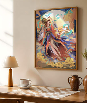 Elegant goddess with flowing robes against a mystical backdrop