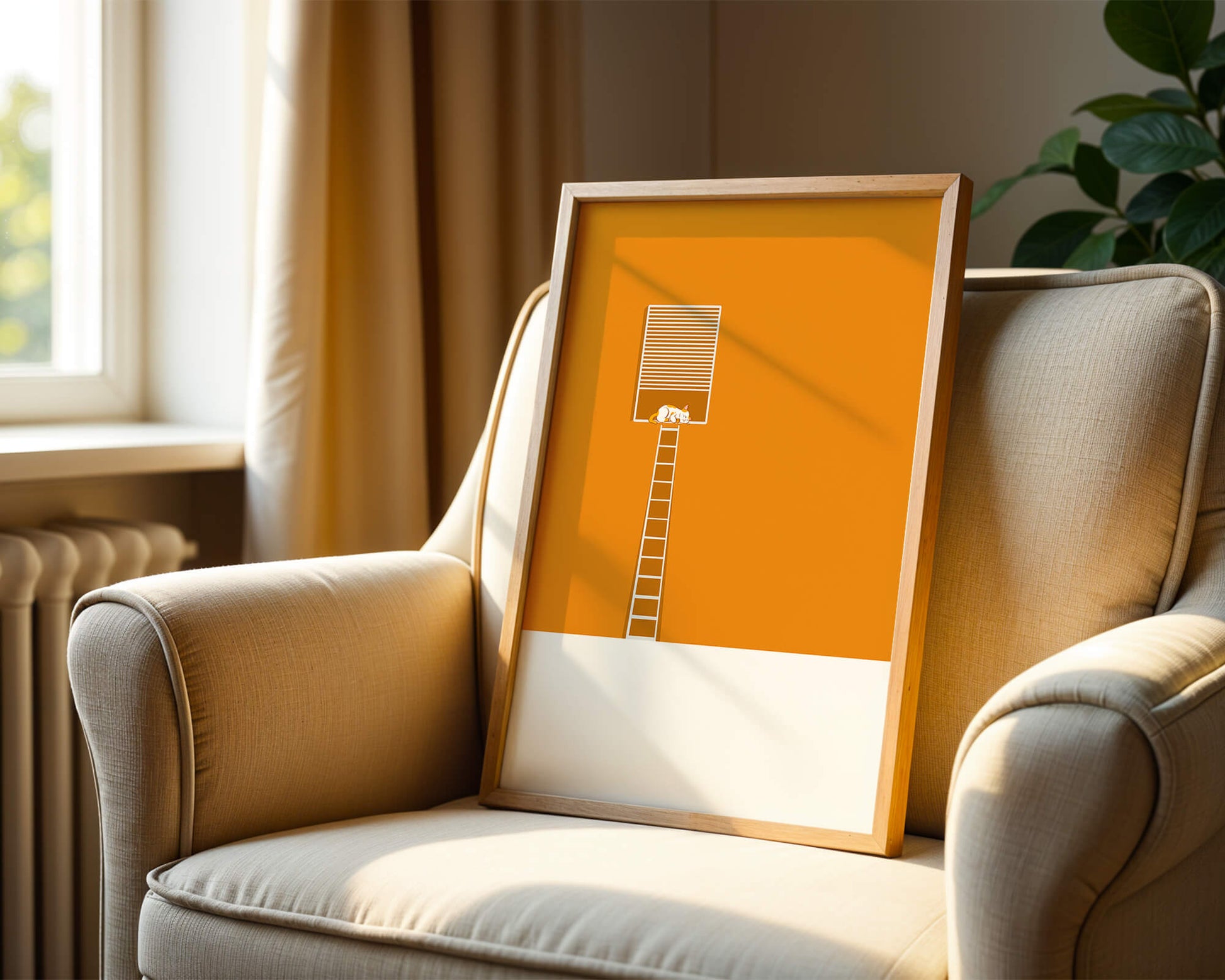 Cat Sleeping on Elevated Platform Against Orange Background