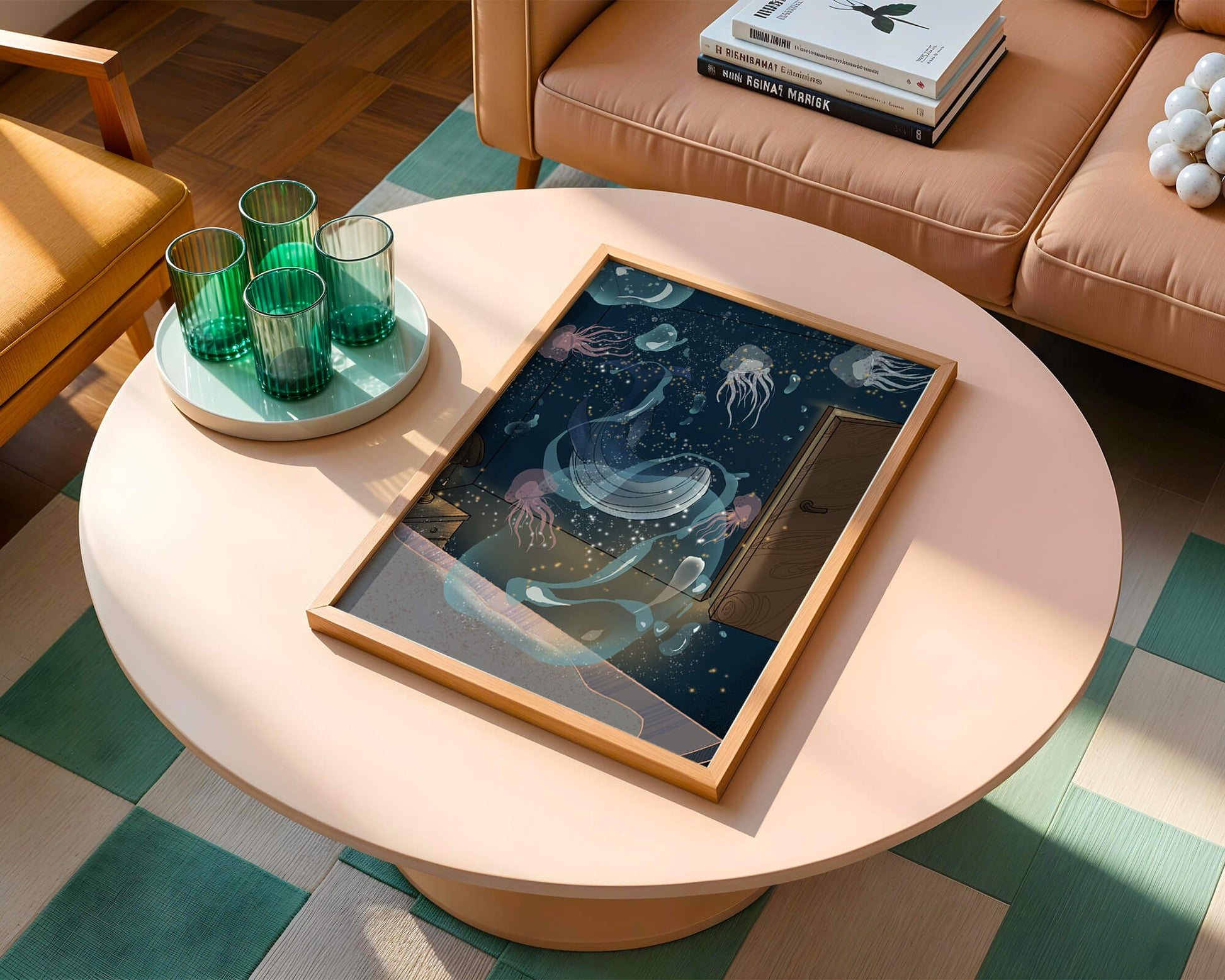 Underwater-themed room with jellyfish and a door