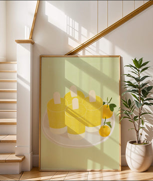 Illustration de sucettes glacées jaunes et d'oranges sur une assiette