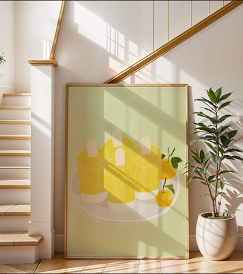 Illustration of yellow popsicles and oranges on a plate