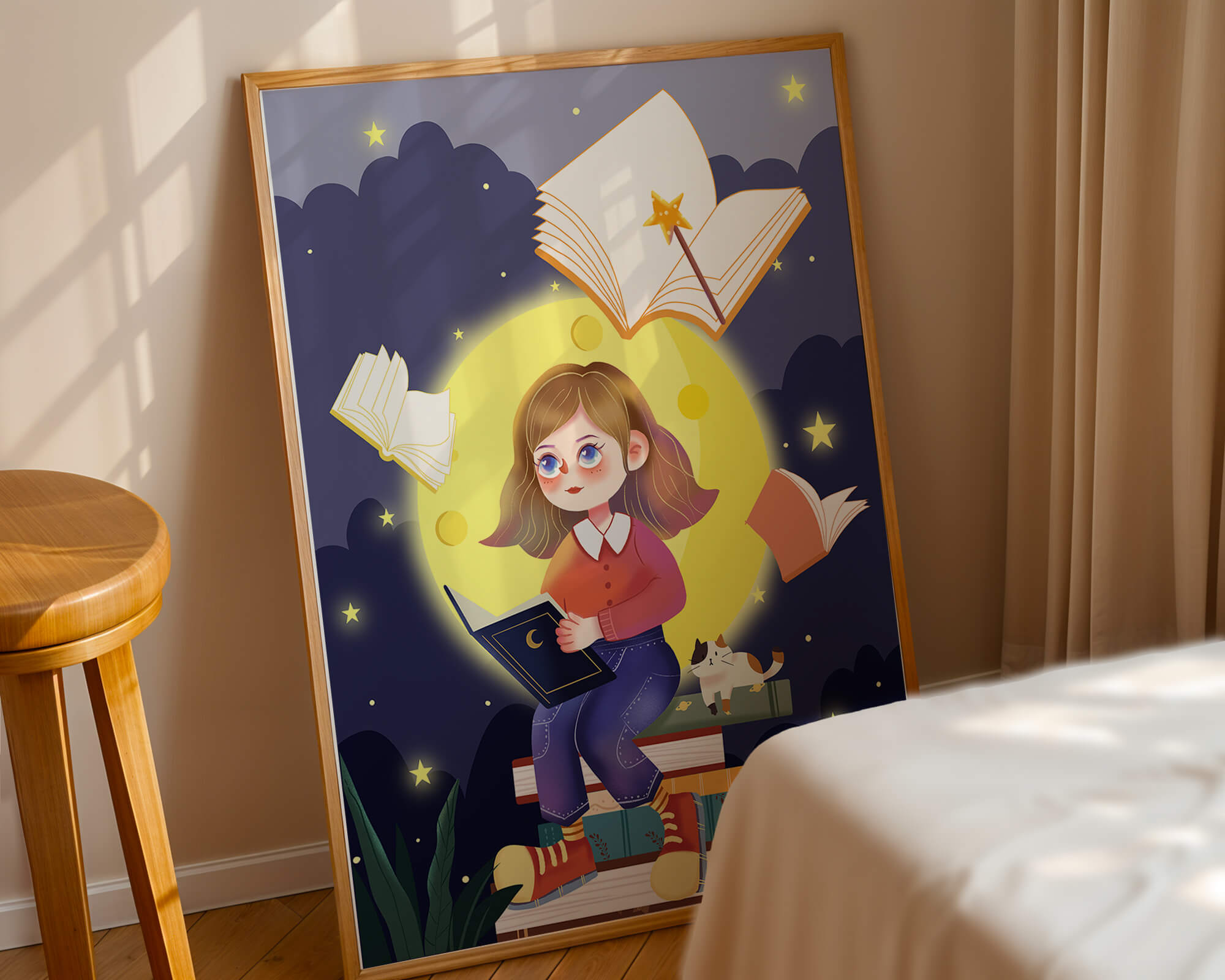 Illustration of a girl reading books under a starry night sky