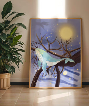 Whale resting on tree branches under starry night sky
