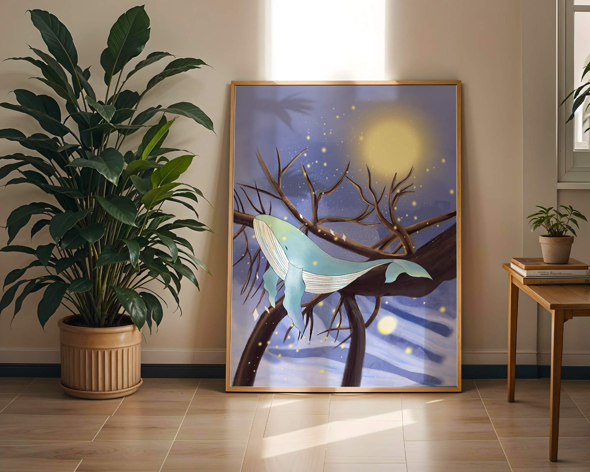 Whale resting on tree branches under starry night sky