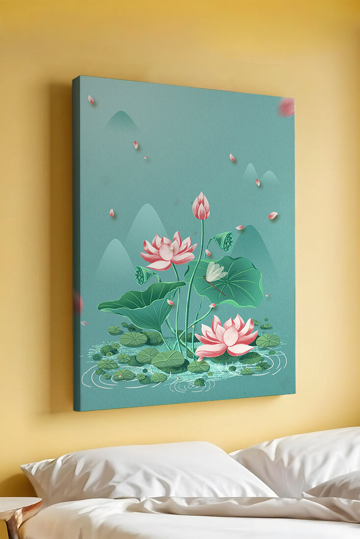 Serene illustration of lotus flowers in a tranquil pond setting with mountains