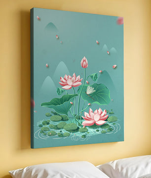 Illustration sereine de fleurs de lotus dans un étang paisible avec des montagnes