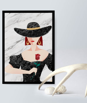Elegante Frau mit stilvollem schwarzen Hut und roter Rose