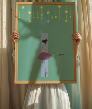 Elegant ballerina illustration with stars on a teal background