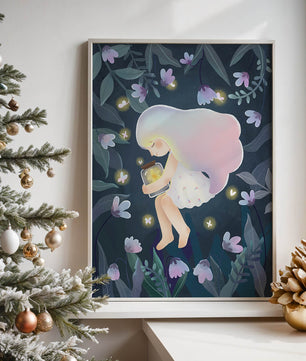 Illustration d'une fille avec un bocal lumineux dans un jardin au clair de lune