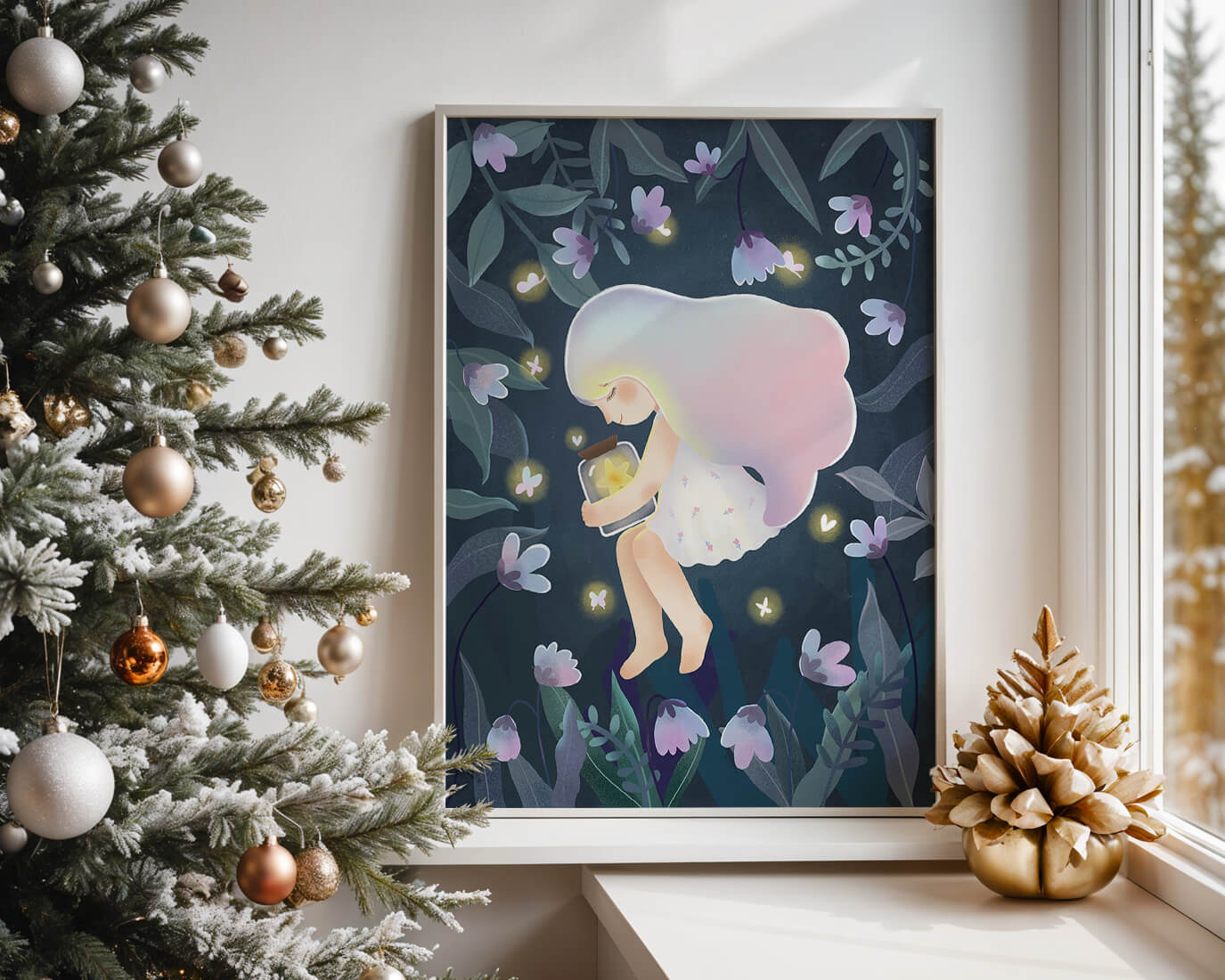 Illustration of a girl with glowing jar in moonlit garden