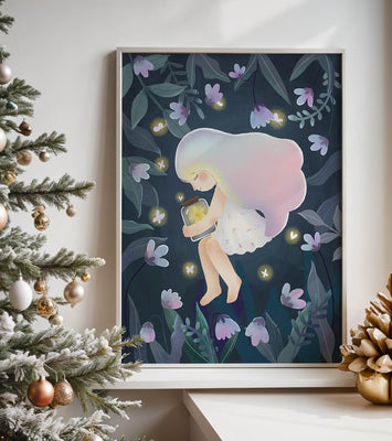 Illustration of a girl with glowing jar in moonlit garden