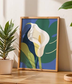 Ilustración floral abstracta con fondo verde y azul