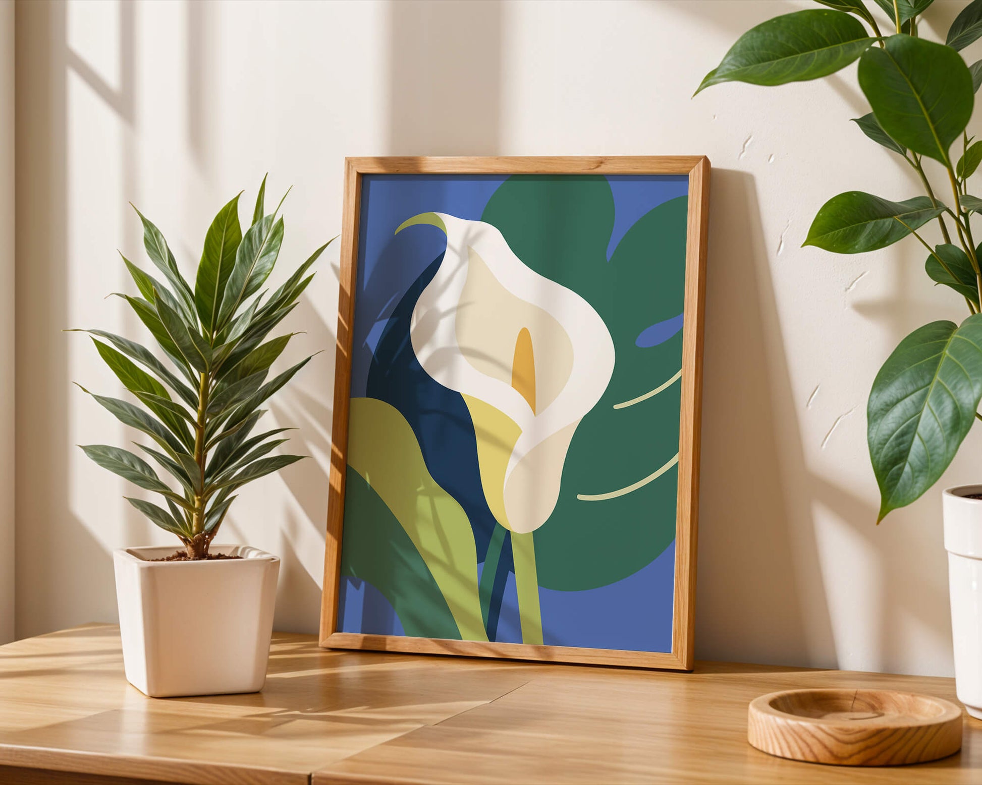 Ilustración floral abstracta con fondo verde y azul