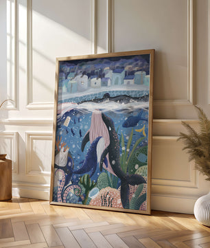 Ville sous-marine fantaisiste avec vie marine et pollution