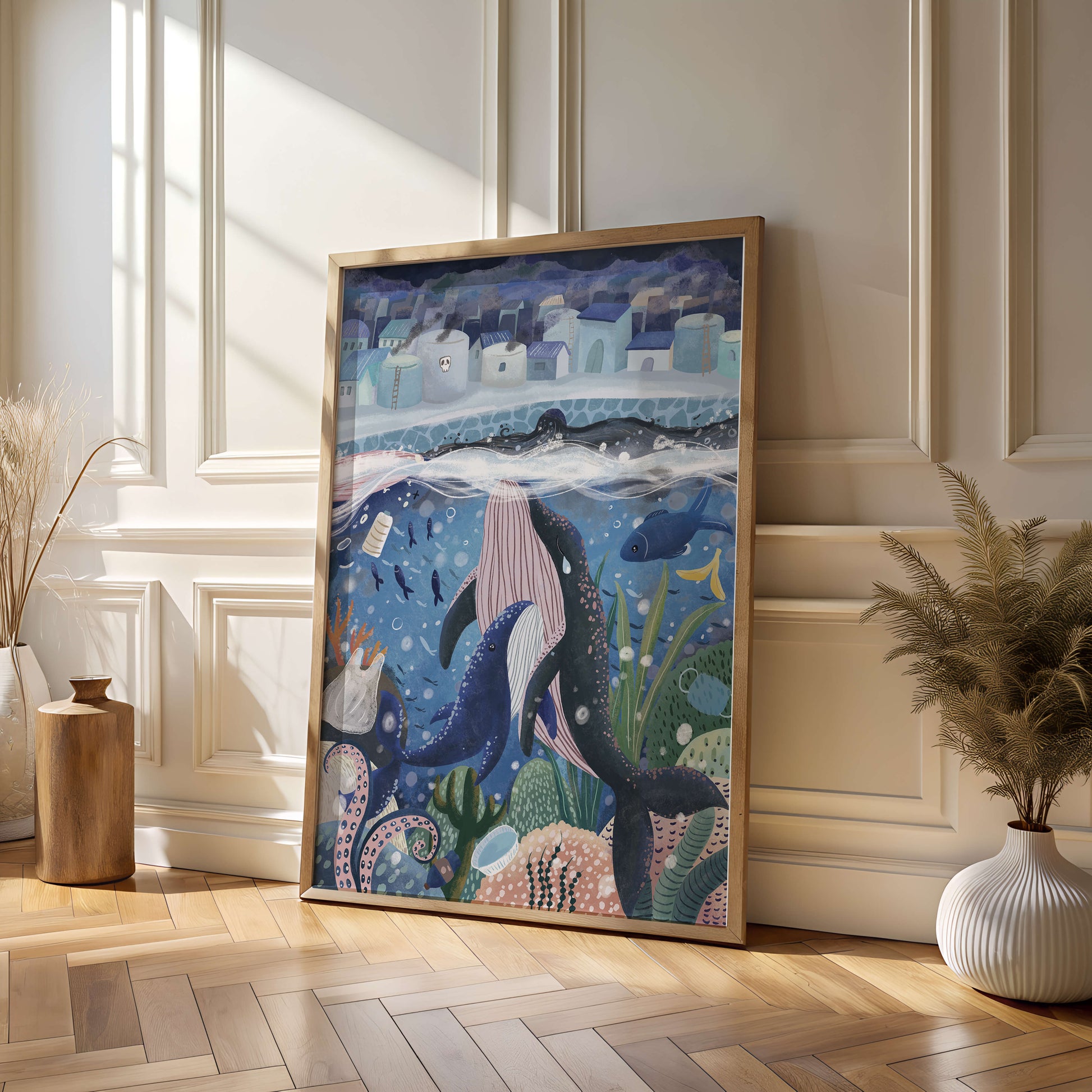 Whimsical Underwater City with Marine Life and Pollution