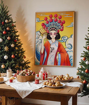 Eine elegante Darstellung asiatischer Kunst mit traditioneller Kleidung und kunstvollem Kopfschmuck