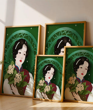 Elegant portrait of a woman with a bouquet of roses on a green abstract background