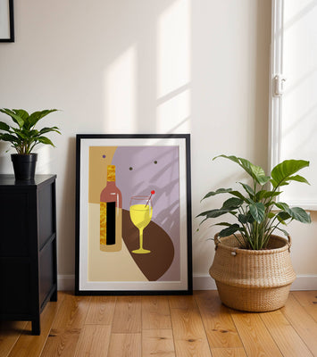 Minimalist Still Life with Wine Bottle and Glass in Soft Tones