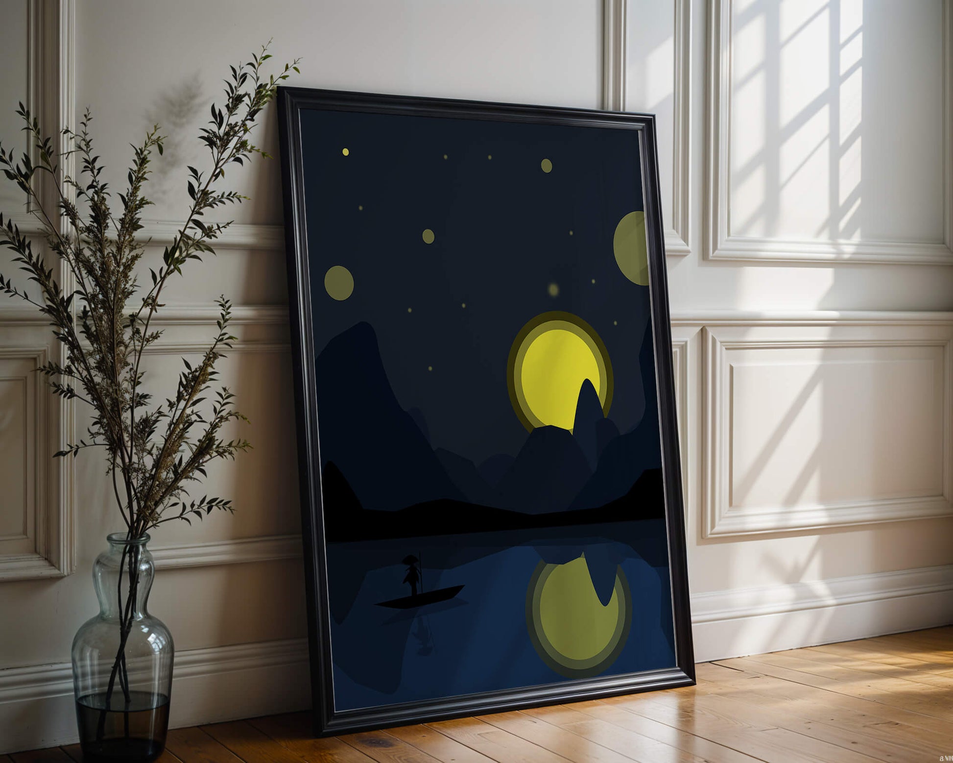 Serene night landscape with moonlit river and silhouetted boat