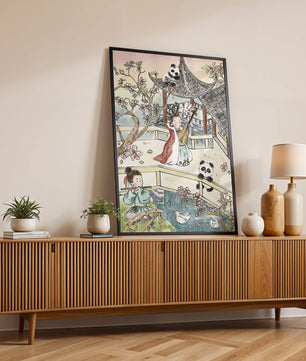 Tranquil Asian Garden Scene with Pandas and Blossoms