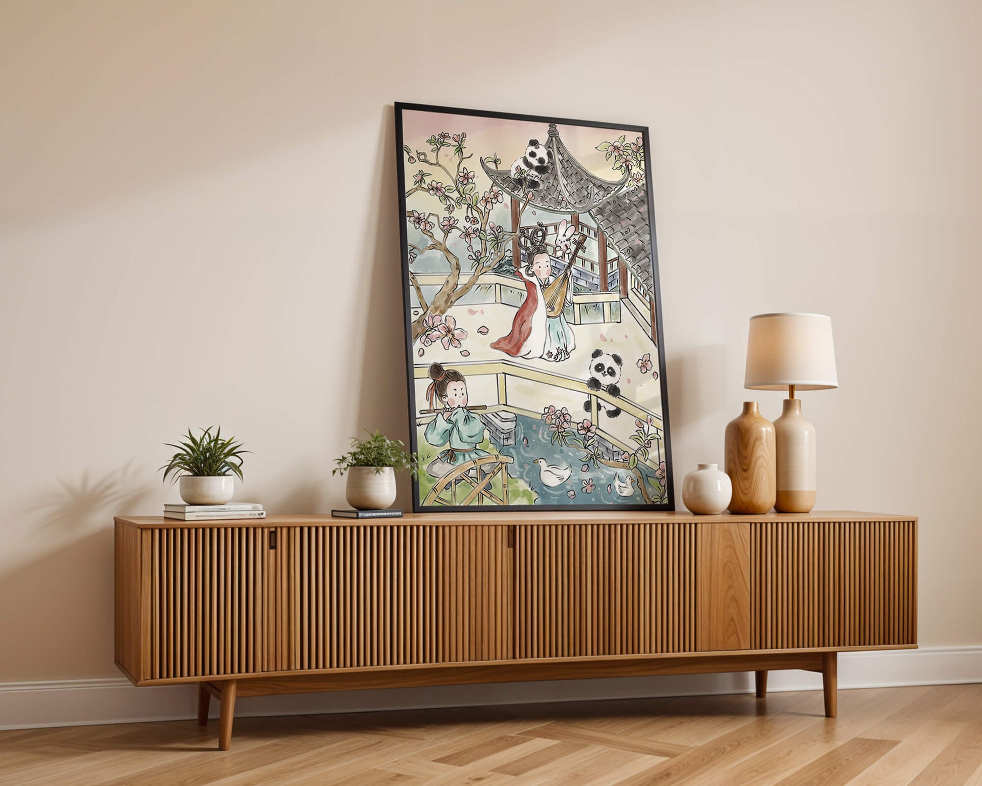 Escena tranquila de jardín asiático con pandas y flores